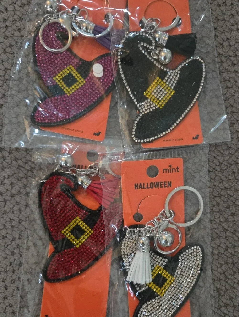 Witch Hat Keychains in Red,purple, Pink & Black with Tassel Charms